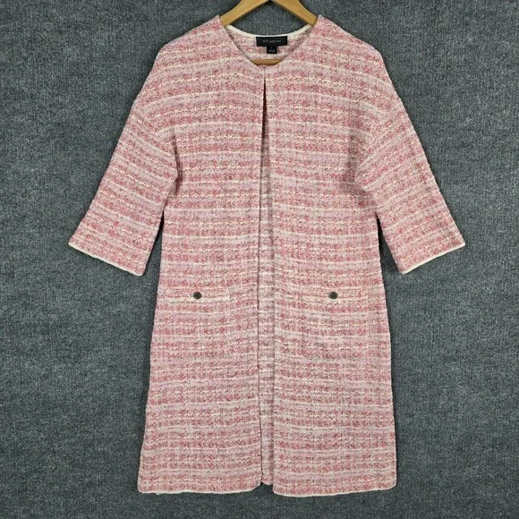St John Jacket M Pink Tweed Knit Cardigan Duster Long Blazer Wool Blend Sweater - Picture 3 of 13